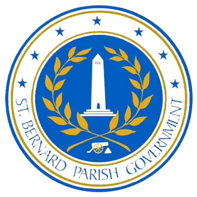 The image shows the official seal of the St. Bernard Parish Government, featuring a central lighthouse, surrounded by a golden laurel wreath, a blue background, and stars around the wreath.