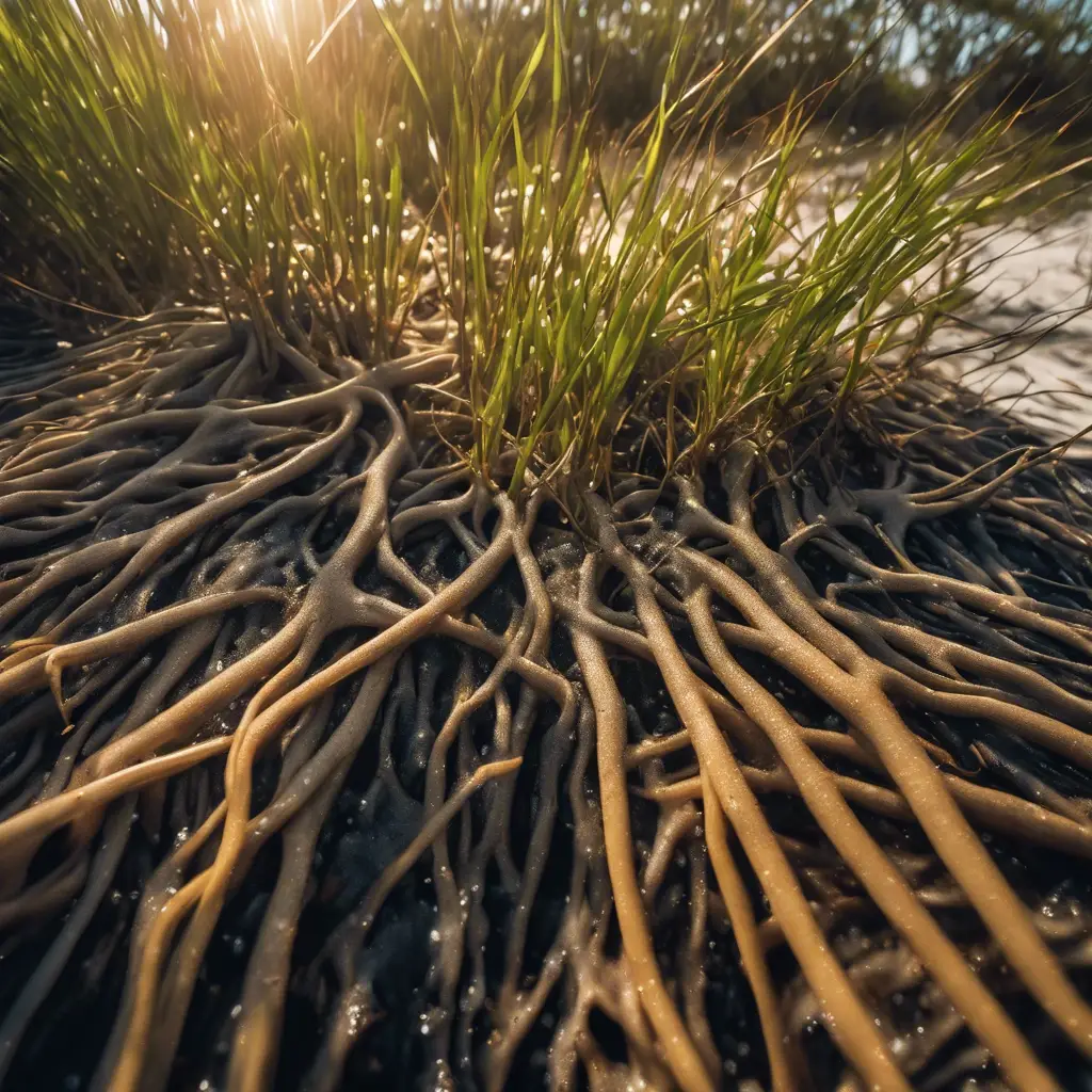 Close-up of intertwined mangrove roots with green grass growing above, illuminated by sunlight.