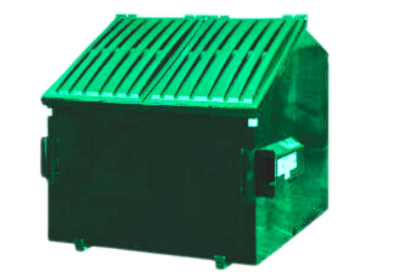 A large green dumpster with a closed lid and side handles on a white background.