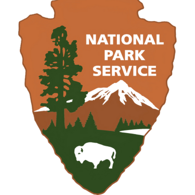 National Park Service emblem featuring a tree, mountain, buffalo, and the text "National Park Service" in a shield shape.