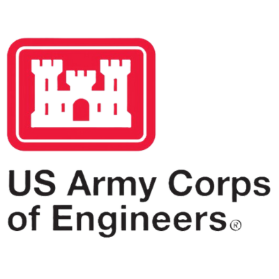 The logo of the U.S. Army Corps of Engineers, featuring a red castle emblem above the organization's name in black text.