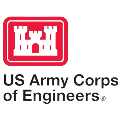 The logo of the U.S. Army Corps of Engineers, featuring a red castle emblem above the organization's name in black text.