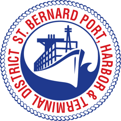 Logo of the St. Bernard Port, Harbor, & Terminal District featuring a blue ship within a circular border, with the organization's name in red text around the circumference.