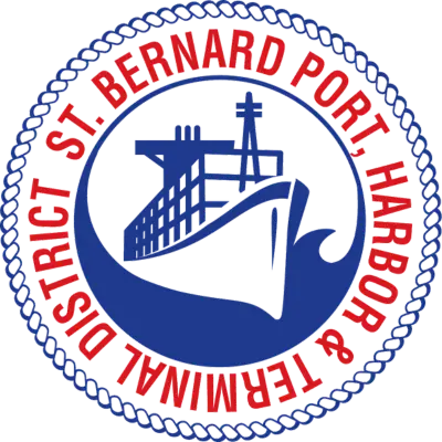 Logo of the St. Bernard Port, Harbor, & Terminal District featuring a blue ship within a circular border, with the organization's name in red text around the circumference.