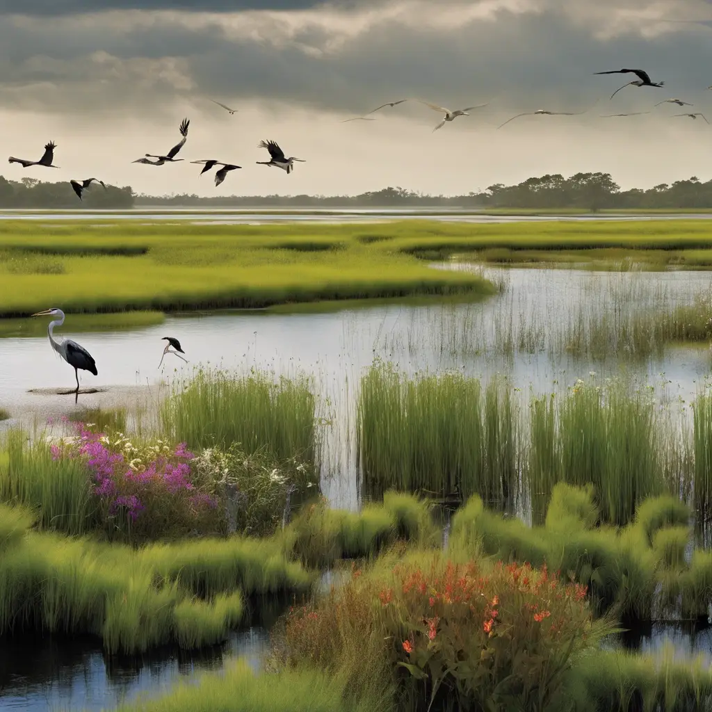 A serene wetland scene with a heron standing in water, surrounded by lush green grasses and colorful flowers, while birds fly overhead under a cloudy sky.