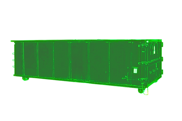 A large, green, industrial dumpster shown against a plain background.