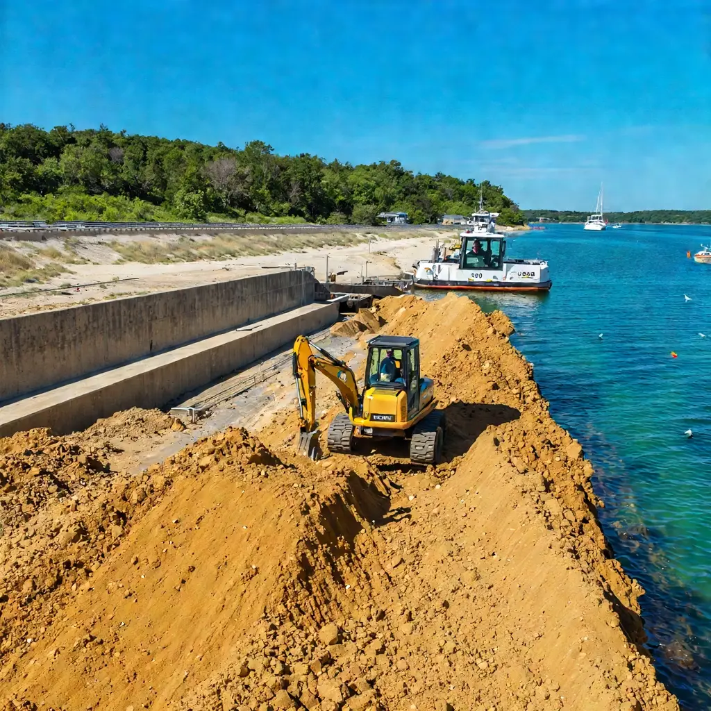 Excavator working on a sandy embankment by a body of water, with a boat and wooded area in the background.