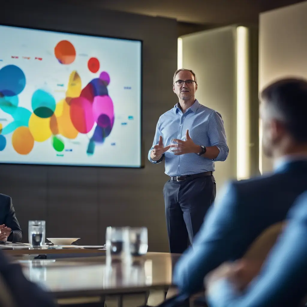 A person presenting a colorful data visualization on a screen during a meeting in a conference room.