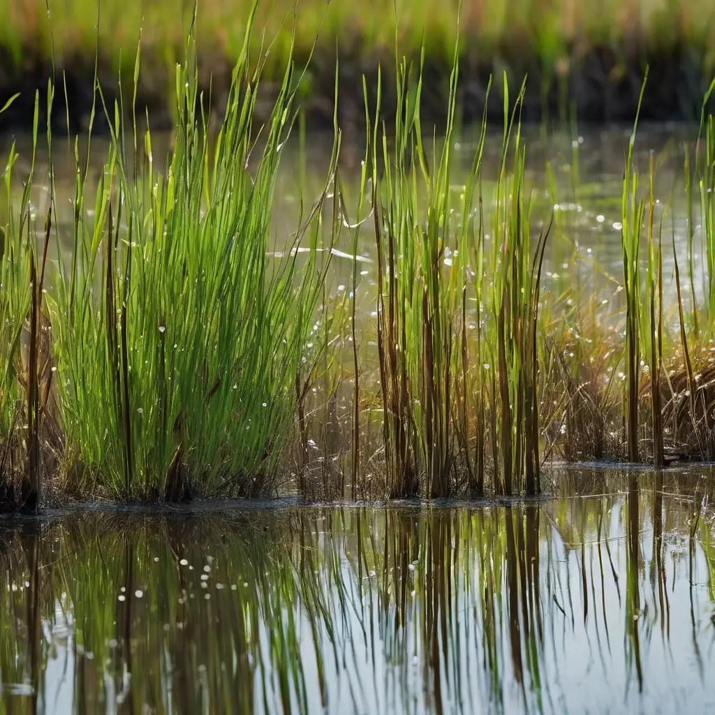 Tall grass grows in a reflective water body, creating a tranquil and natural scene.