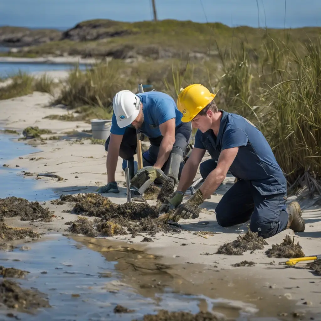 Two workers in hard hats and blue shirts clean an oil spill on a sandy beach, using shovels and wearing gloves, with water and grass in the background.
