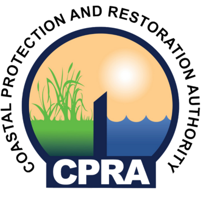 Logo of the Coastal Protection and Restoration Authority (CPRA) featuring a sun, water, land with grass, and the acronym CPRA at the bottom.