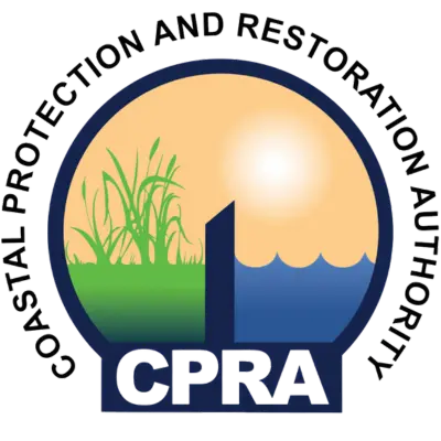 Logo of the Coastal Protection and Restoration Authority (CPRA) featuring a sun, water, land with grass, and the acronym CPRA at the bottom.