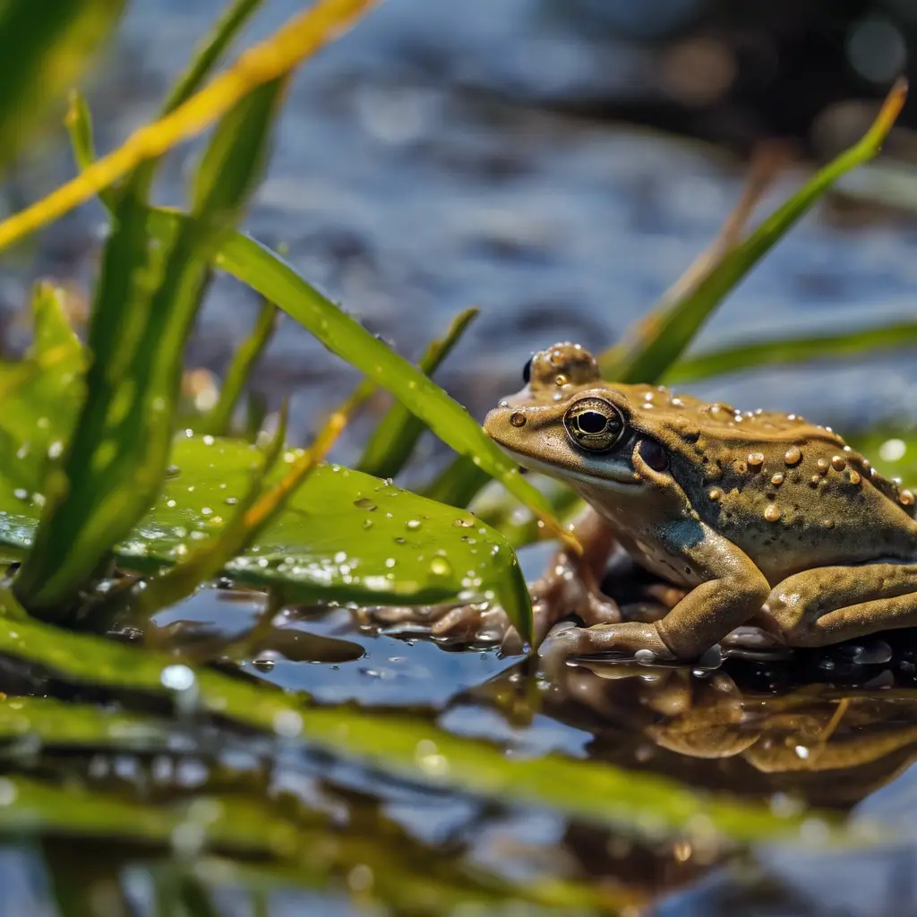 A brown frog sits on a wet surface among green foliage, with droplets of water on the leaves and its body.