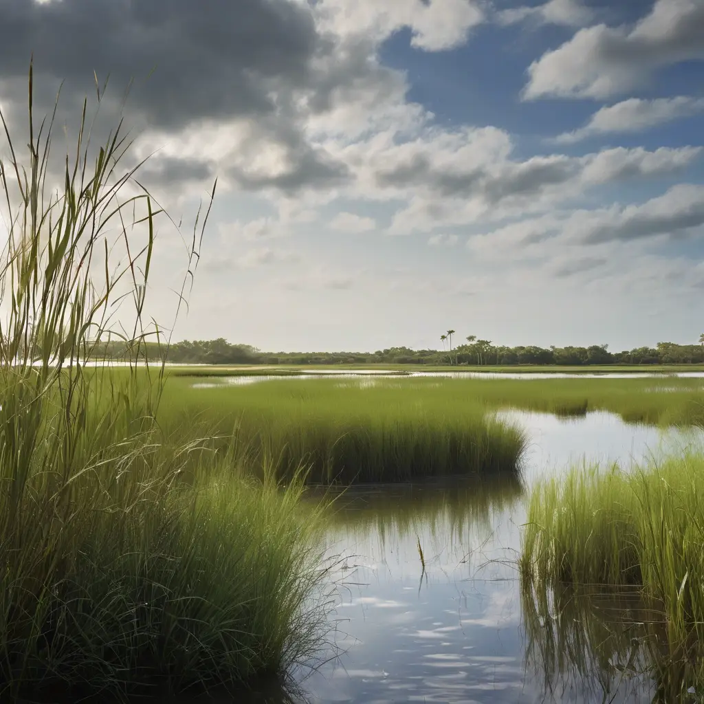 Wetland landscape with tall grasses and a winding waterway under a partly cloudy sky.