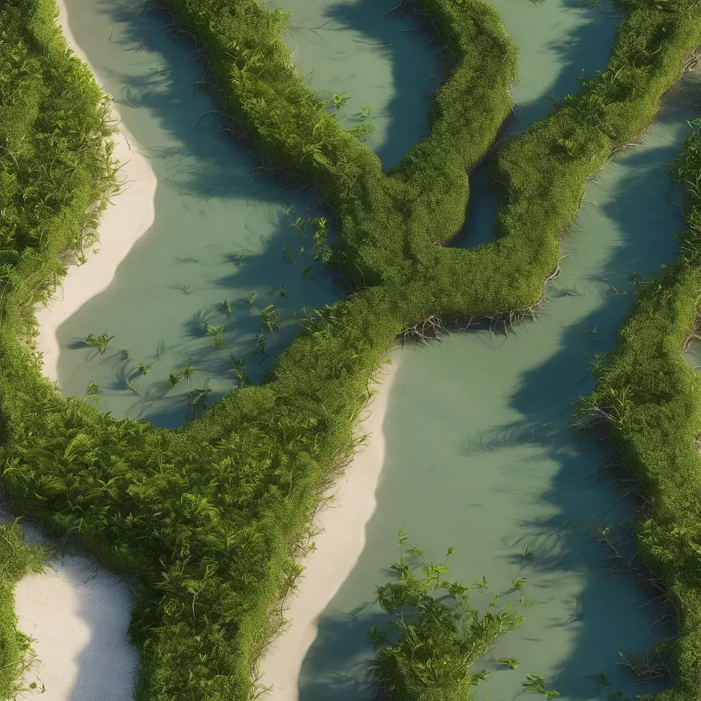 Aerial view of meandering river channels surrounded by lush green vegetation and sandy banks.