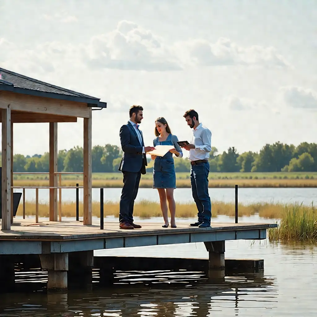 Three people stand on a dock by a lake, discussing documents. Two men and one woman appear engaged under a partly cloudy sky.