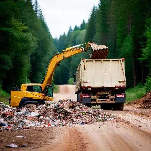 A yellow excavator loads debris into a large dump truck on a dirt road, surrounded by dense green forest.