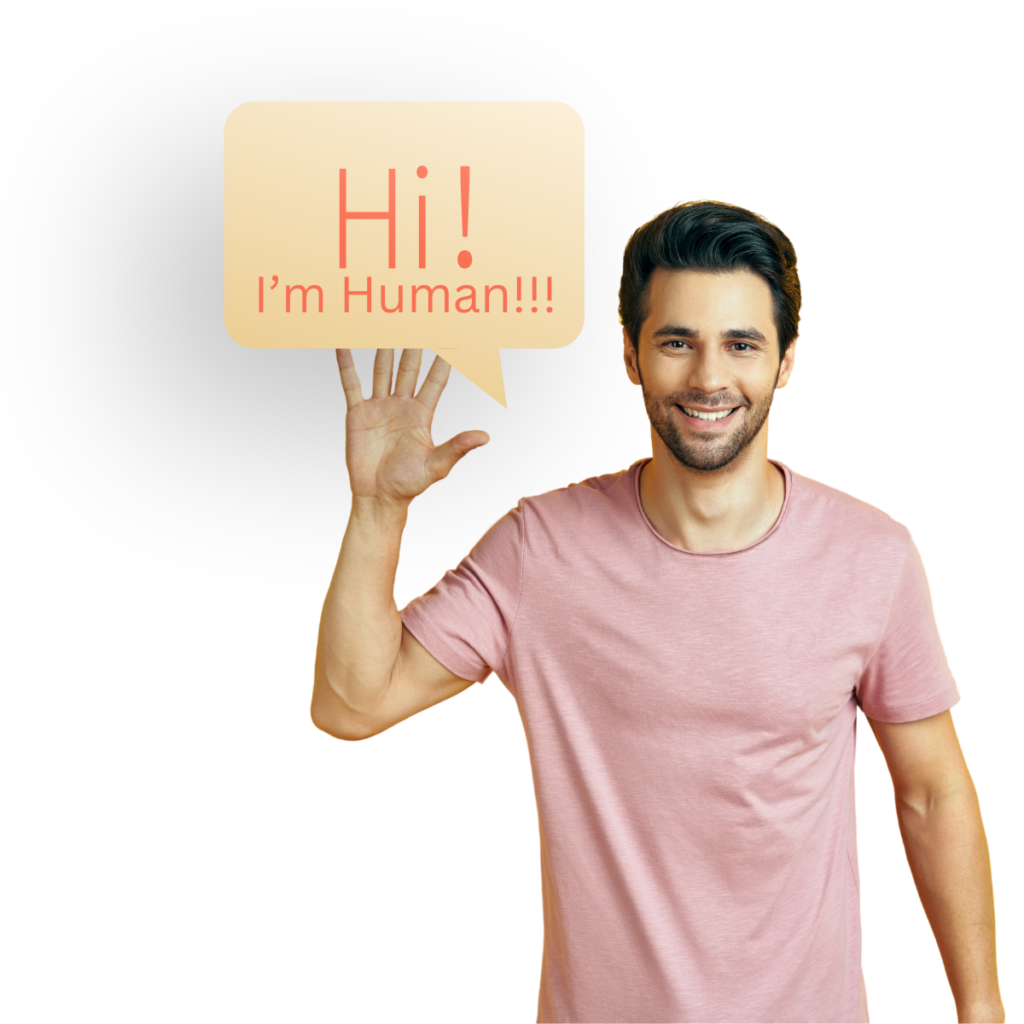 A man in a pink t-shirt smiles and raises his left hand. A speech bubble next to him says, "Hi! I'm Human!!!.