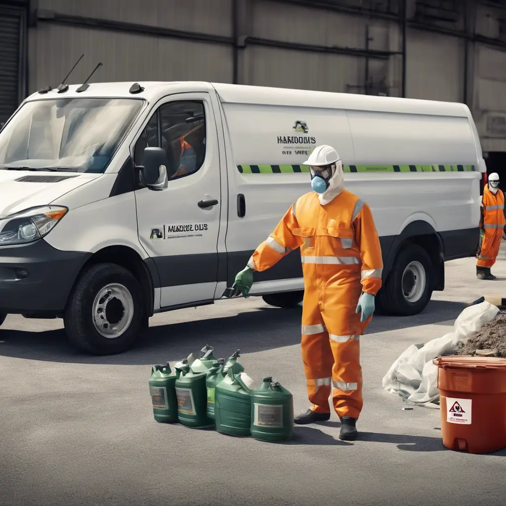 A worker in orange protective gear and mask points to green containers near a white van with company branding. Another worker is visible in the background by a large sack.