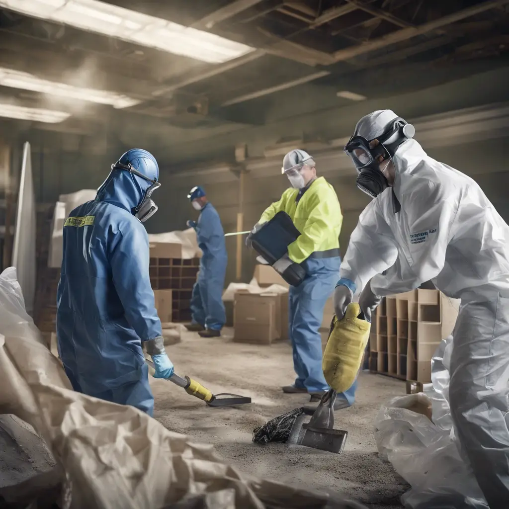Workers in protective gear clean up debris in an industrial setting. Two shovel debris into a container, while others in the background carry equipment.