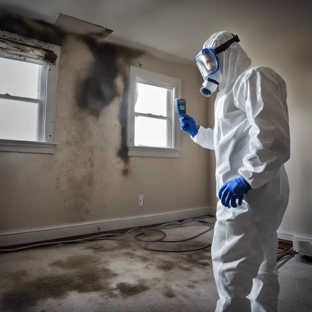 A person in protective gear examines mold on a wall in a room using a handheld device, with two windows on the wall.