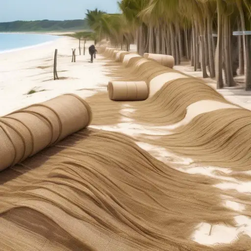 Large rolls of netting unroll along a tropical beach lined with palm trees. A person walks in the distance.