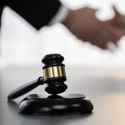 A judge's gavel rests on a wooden block with a blurred hand in the background.